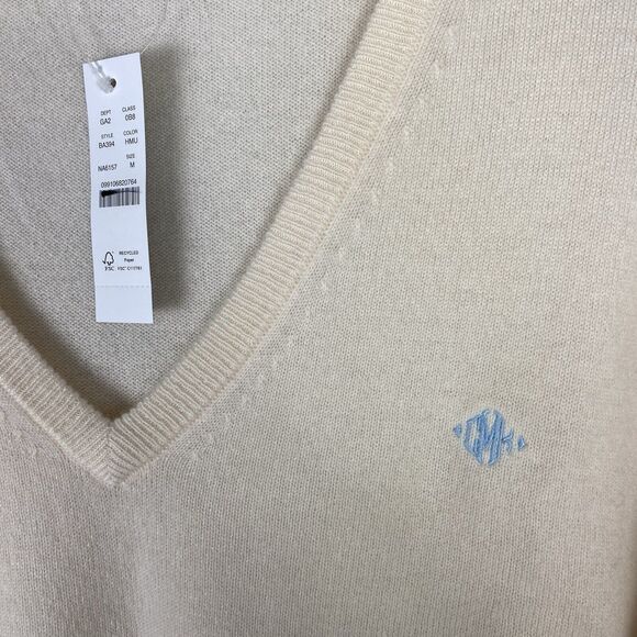 J Crew Womens Medium Cashmere Long Sleeve V Neck Pullover Sweater Ivory Monogram - Picture 3 of 6